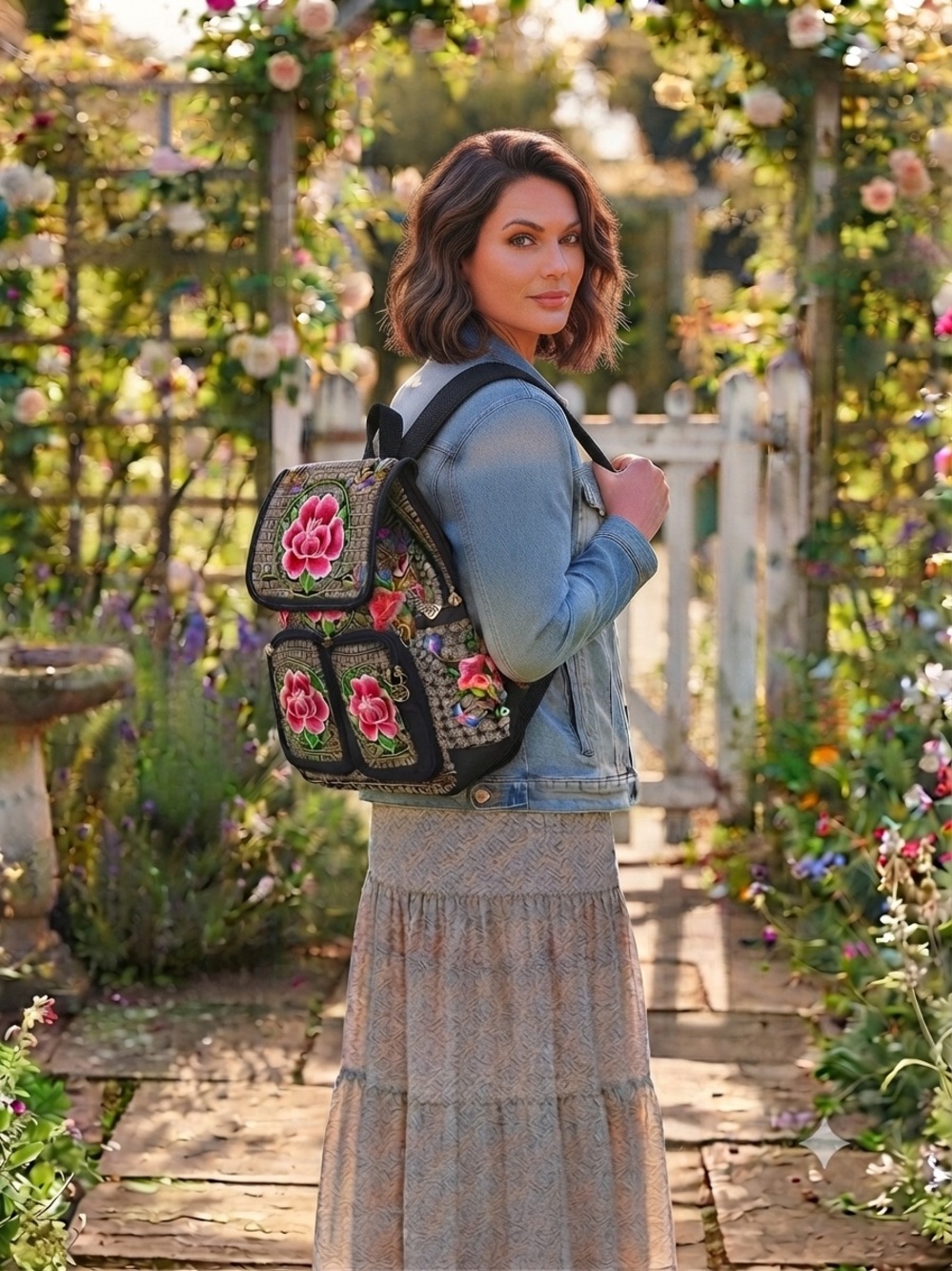 New Embroidered Floral Backpack - Black with Pink Roses